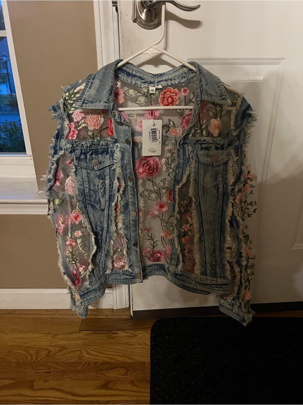 Embroidered Light Wash Denim Vest with Pink Floral Accents